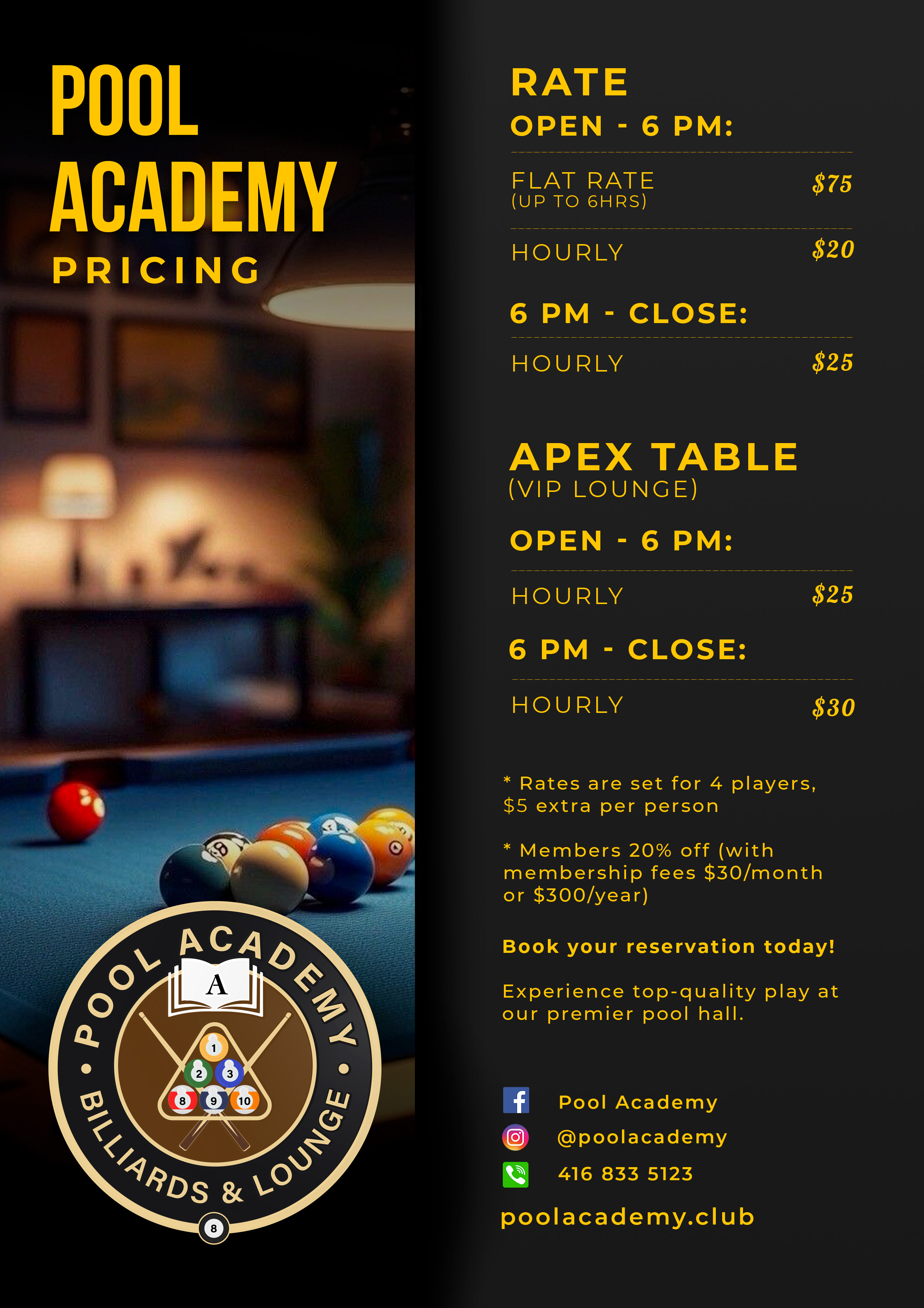 Pool Academy price menu continued
