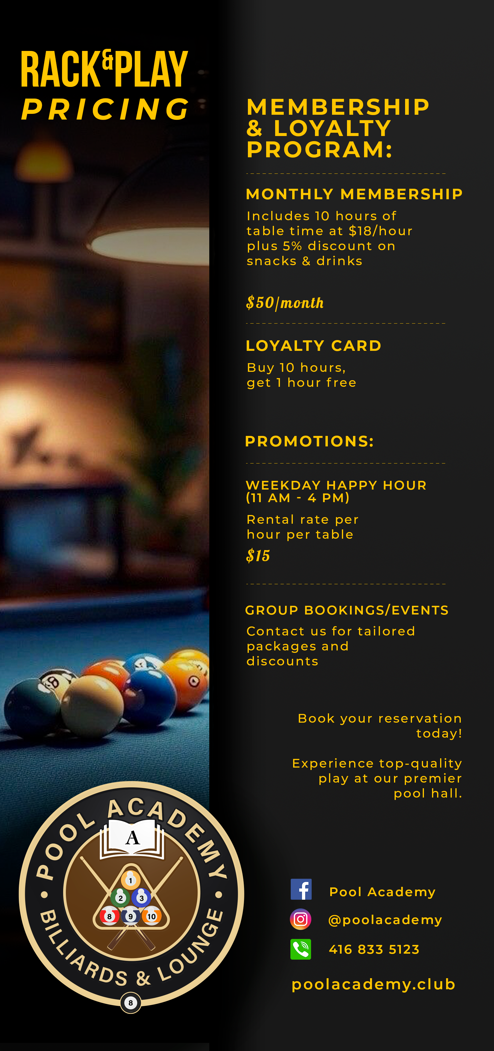 Pool Academy price menu